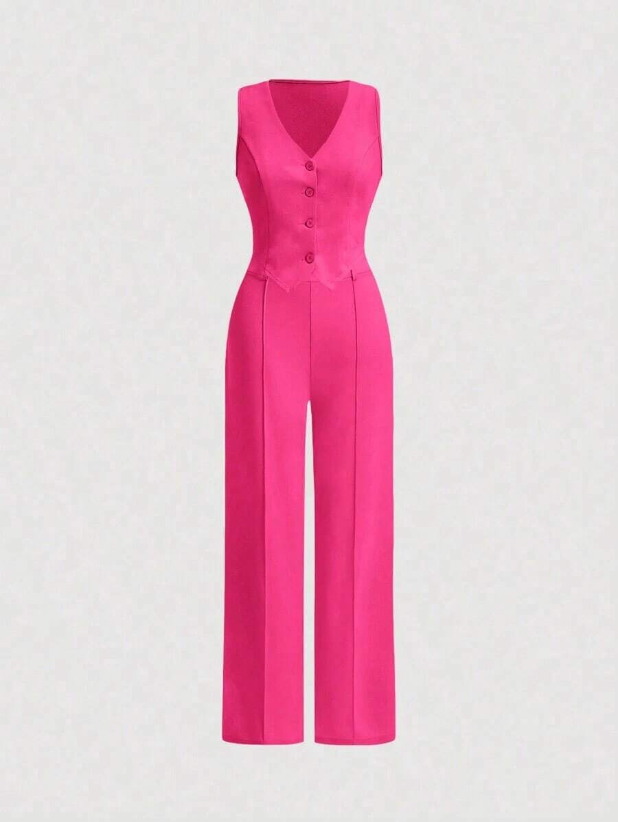 Juego De Dos Piezas Para Mujer Con Chaleco Y Pantalones De Color Sólido - Rosa Fucsia - Ver 1