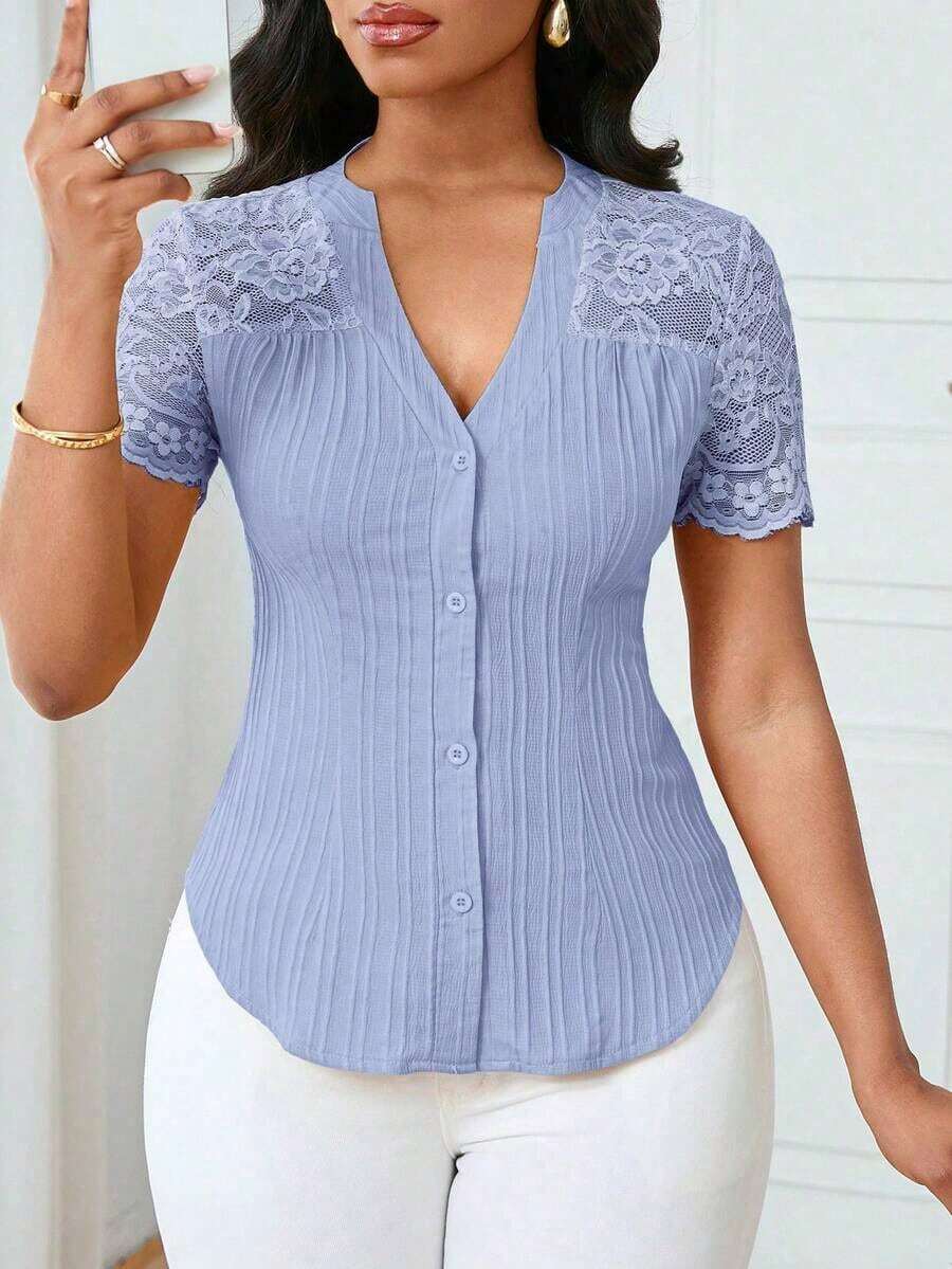 Camisa casual de mujer de unicolor y estilo simple para uso diario, verano - Niebla azul - Ver 1