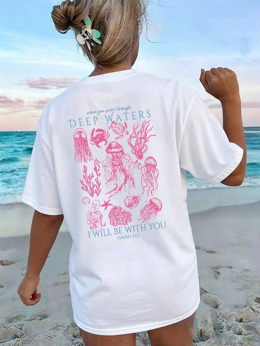 Camiseta informal de manga corta con cuello redondo para mujer, con estampado de temática marina, perfecta para lucir en la playa este verano. - Blanco - Ver 1