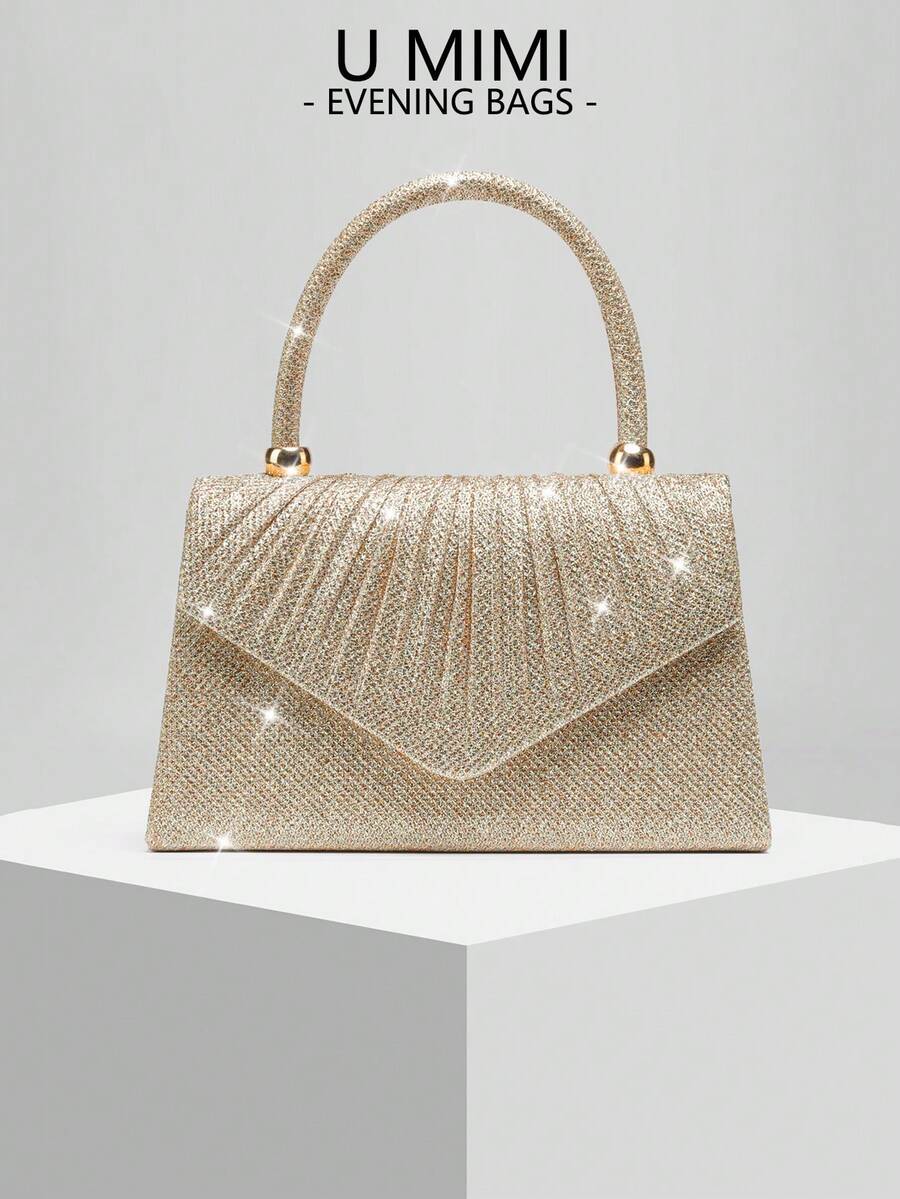 New Pleated Shiny Evening Bag, Bridal Wedding Clutch, Versatile Handbag With Shoulder Chain, Suitable For Weddings, Galas, Parties, Meetings. Best Gift For Women - Champagne - View 1