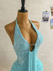 Vestido mini casual de vacaciones para mujer con escote en V profundo, cuello halter con lazo, y drapeado.Adecuado para la playa, cruceros y festivales de música en verano - Azul - Ver 3