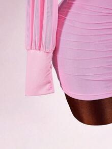 Vestido mini ajustado con cuello en V blanco, cintura ceñida, para mujer, estilo romántico de primavera - Rosa - Ver 6