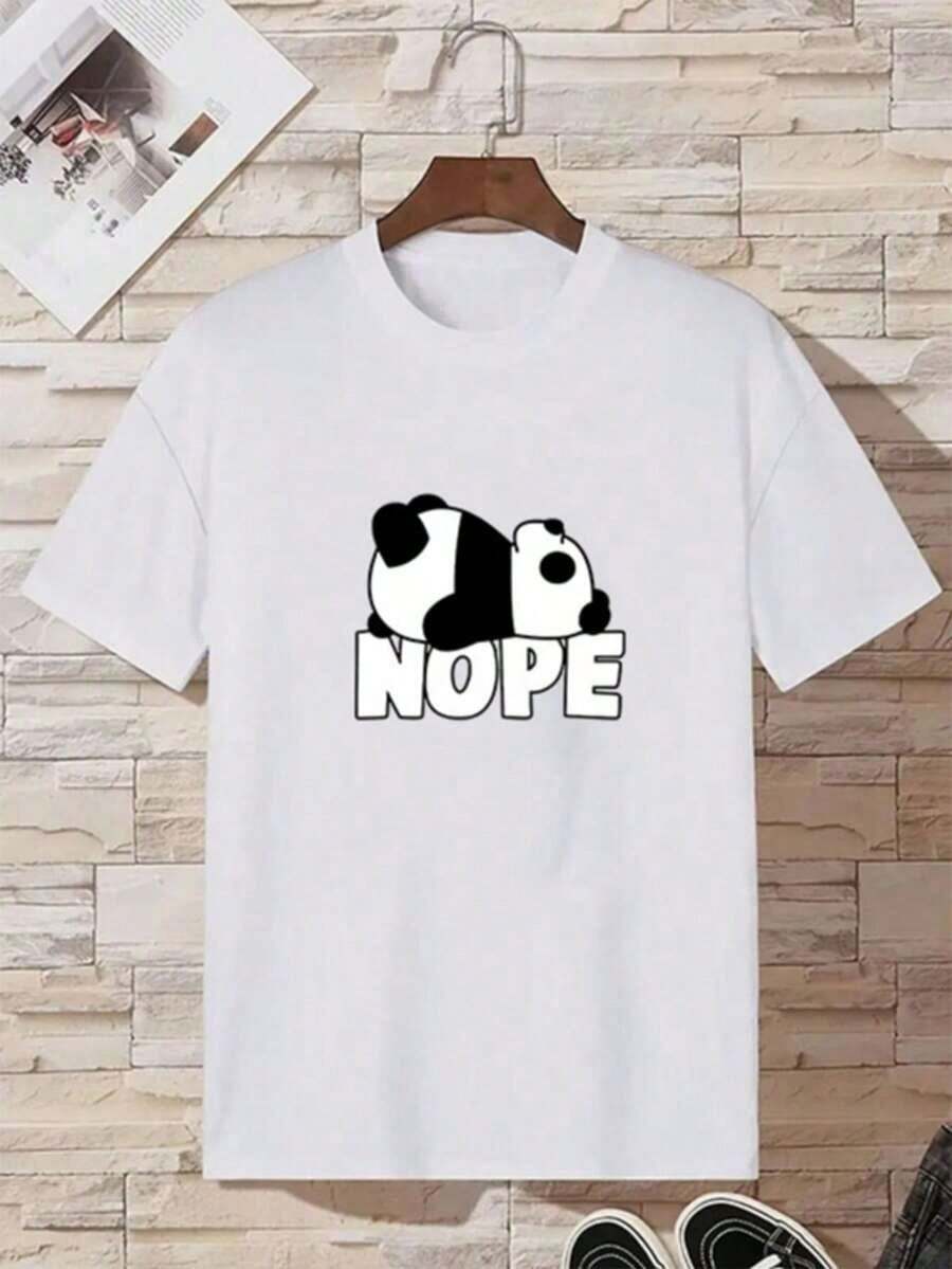 Camiseta casual de color sólido para mujer, estampada con el diseño "Lie Flat Panda". Camiseta para mujer, sencilla y elegante. - Blanco - Ver 1