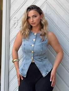 Camisa vaquera sin mangas con botones delanteros lavada para mujer - Azul lavado medio - Ver 7
