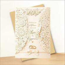 Elegant Wedding Card, Adorned With Lace Flowers And Butterflies, Featuring "Love And Happiness" Golden Foil Circle Design, Suitable For Grooms And Brides, Couples' Anniversary, Engagement Gift Card, With Envelope - 卡其色 - 查看 8