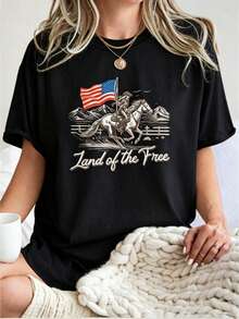 Horse T-Shirt For The 4th Of July, Western Style T-Shirt For The 4th Of July, American Flag T-Shirt, Cowgirl T-Shirt, Independence Day T-Shirt, Patriotic T-Shirt For Women - 黑色 - 查看 7