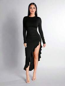 YHHSHEIN PETITE Vestido De Color Sólido Con Borde De Volante, Decorado Con Abertura Lateral.YHH - Negro - Ver 5