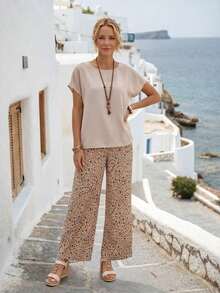 2 piezas Conjunto casual de mujer con pantalones rectos de cuello redondo y manga corta en colores contrastantes con estampado ditsy floral, para primavera/verano - Multicolor 2 - Ver 5