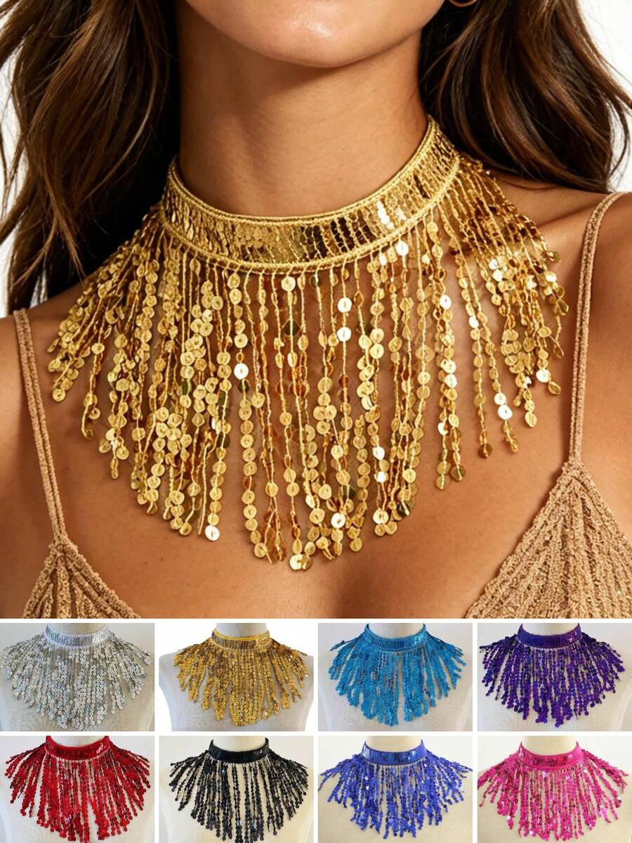 1 chiếc vòng cổ choker tua rua đính sequin lấp lánh phong cách Bohemian dành cho nữ, thích hợp cho múa bụng, Halloween, lễ hội Carnival, tiệc bãi biển, trang phục hóa trang. - Nhiều màu - Xem 1