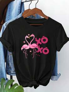 Camiseta manga corta cuello redondo 100% algodón, estampado trendy, tejido ligero y ventilado, estilo moda casual, apta para vida diaria, salidas informales y citas en primavera, verano y otoño - Negro - Ver 1