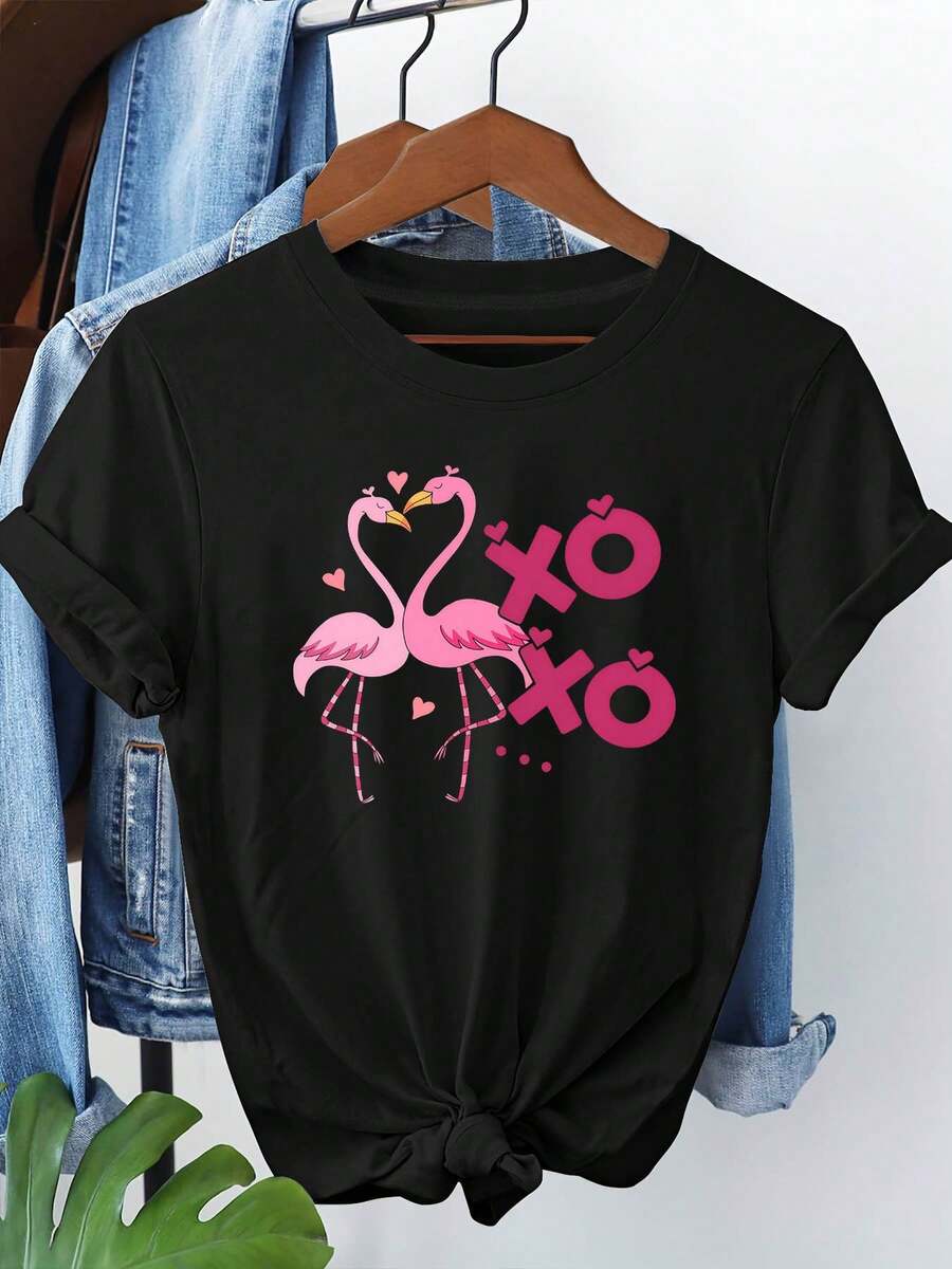 Camiseta manga corta cuello redondo 100% algodón, estampado trendy, tejido ligero y ventilado, estilo moda casual, apta para vida diaria, salidas informales y citas en primavera, verano y otoño - Negro - Ver 1