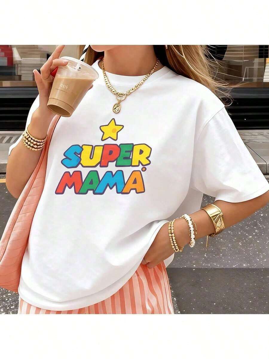 Women's T-Shirts - Mother's Day Graphic Tee For Women, Super Mom Print With Colorful SUPER MAMA Letters And Yellow Star, Lightweight And Breathable Perfect For Outdoor Wear - Great Gift For Family, Friends, Boyfriends, And Girlfriends. Quick-Drying, Moisture-Wicking, Breathable Mesh. Not A Cotton T-Shirt. Comfortable And Breathable. Pure-Cotton - 白色 - 查看 1