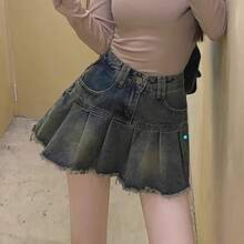 Women's Y2k High Waist Mini Skirts, Korean A-Line Denim Pleated Dress, Women's Fashion, Harajuku Blue Punk Denim Skirts, Summer - 藍色 - 查看 5