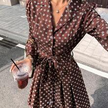 PariChic Women's Elegant Coffee-Colored Long-Sleeved Dress With A Romantic All-Over Rose Print, Featuring A Bow Belt, Front Buttons, And A Stylish Design Suitable For Autumn/Winter, Spring/Summer, Vacations, Valentine's Day Dates, Birthdays, A-Line Silhouettes, And Cute, Romantic Puff-Sleeved Short Dress - Café - Ver 7