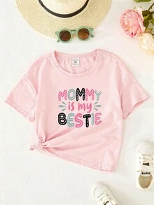 Camiseta de manga corta para niña joven con estampado de letra y cabeza de toro, estilo cómodo y casual, ropa occidental para niña pequeña y niños, camisetas gráficas para niños - Rosa - Ver 2