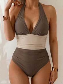 Traje de baño de una pieza con control de abdomen, estilo minimalista de unicolor, con escote halter y espalda descubierta, para vacaciones de verano en la playa - Multicolor - Ver 3