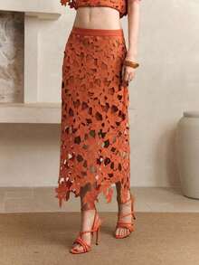 Frievida Falda larga naranja elegante y de uso diario con encaje floral y diseño hueco, ropa de mujer, ropa de verano para mujeres, vestidos, ropa de cumpleaños para mujeres, ropa de otoño para mujeres - Naranja - Ver 6