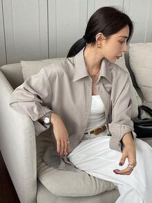 Camisa casual/escolar holgada a rayas para mujer, top de manga larga de estilo preppy para mujer, ropa de otoño - Caqui 2 - Ver 4