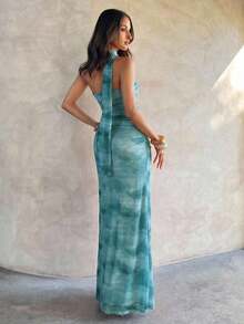 Vestido de mujer elegante y sexy con estampado floral de malla - Agua verde azul - Ver 2