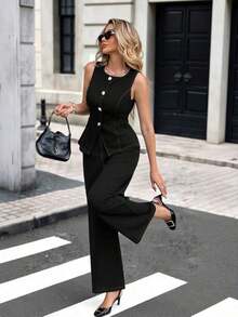 Conjunto casual de 2 piezas para mujer con chaleco de un solo botonadura y pantalones de pierna ancha de unicolor - Negro - Ver 3