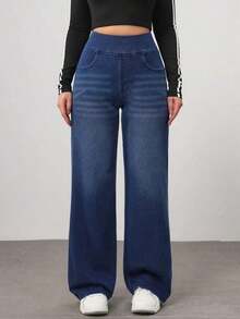 Jeans rectos de cintura alta lavados de estilo casual para mujer - Azul - Ver 2