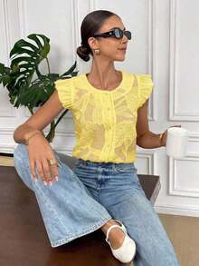 de moda con cuello redondo, manga corta y abotonadura sencilla, en tejido jacquard con estampado floral - Amarillo - Ver 9