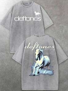 Men's Band T-Shirts, D Eftones White Pony Album Horse Graphic, 230g Washed Cotton Crew Neck Short Sleeve T-Shirt, Retro Style, Heavyweight, Unisex, Big And Tall Size, Free Shipping (Casual Rock Style, Urban Fashion). - 灰色 - 查看 7