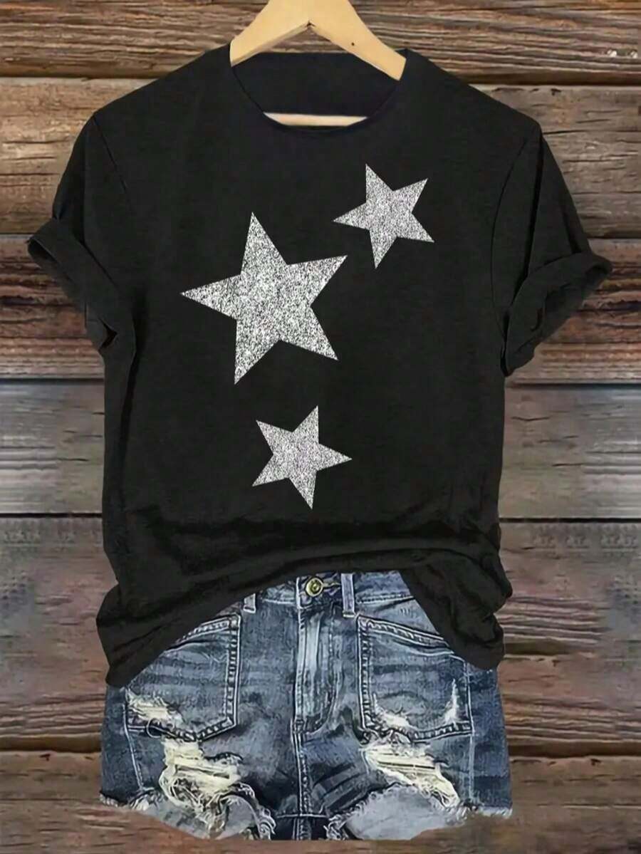 Graphic New Women's Crew Neck T-Shirt, Short Sleeve, Loose Fit, Casual And Versatile With Star Print, Soft Fabric And Good Drape. Summer Top Crew Neck - 黑色2 - 查看 1