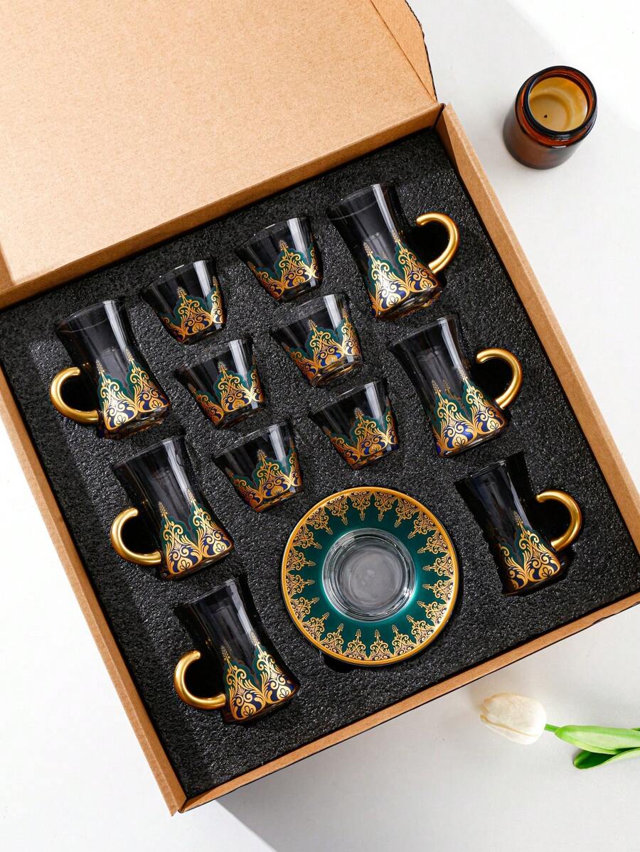 WGROOM 1个(单杯),1套(6个杯子+6个碟子+6个茶杯,6件套)玻璃咖啡杯碟,适用于家庭厨房、餐厅、客厅,可作礼品,适用于茶、咖啡、牛奶、果汁等饮品,也可用于婚礼、派对、生日等场合。 - 彩色 - 查看 1