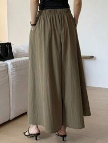 Pantalones anchos y cortos de unicolor elegantes y holgados para mujer, adecuados para el verano y el otoño - Marrón - Ver 2