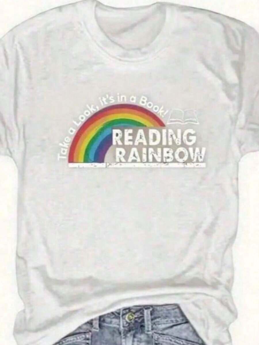 Camiseta de Mujer Ajustada con Estampado Y2K y Cuello Redondo - Talla Grande - Camiseta Roja para Mujer - Camiseta con Diseño Gráfico de Arcoíris de Lectura y Libro - Camiseta Casual para el Día a Día para Maestras y Amantes de los Libros - Atuendo para San Valentín y Regreso a Clases - Top Suave para el Día a Día, Ropa para Maestras, Diseño Divertido, Ajuste Cómodo - Moda de Festival de Verano, Camiseta de Peso Pesado para Adultos - Blanco - Ver 1