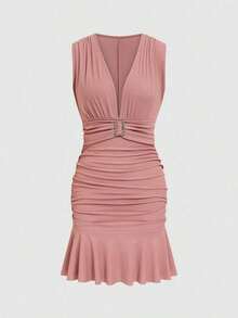 Nuevo vestido rojo sexy, elegante y de moda para principios de primavera/verano con elementos de diseño: escote en V profundo, plisado, doble capa, hebilla cuadrada de strass, ajustado al Body, volante en el bajo, manga corta, vestido mini para mu - Rosa - Ver 3
