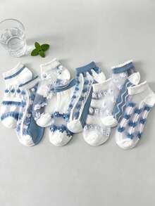 1/5 Pairs Random Blue & White Floral Lace Hollow Short Socks For Women, Soft & Breathable Mesh Stockings For Spring/Summer, Versatile Daily Wear, Gift - Blue and White - View 4
