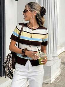Blusa de punto holgada de manga corta con cuello redondo de estilo casual para mujer, estilo universitario con rayas marrones y azules, blusa de verano, blusa de estilo universitario estadounidense, adecuada para uso diario, blusa de verano, blusa - Multicolor 9 - Ver 10