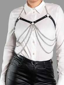 Silver Scale Armor Bra Top With Black Harness And Chain Detail For Cosplay And Festivals - 黑色 - 查看 3