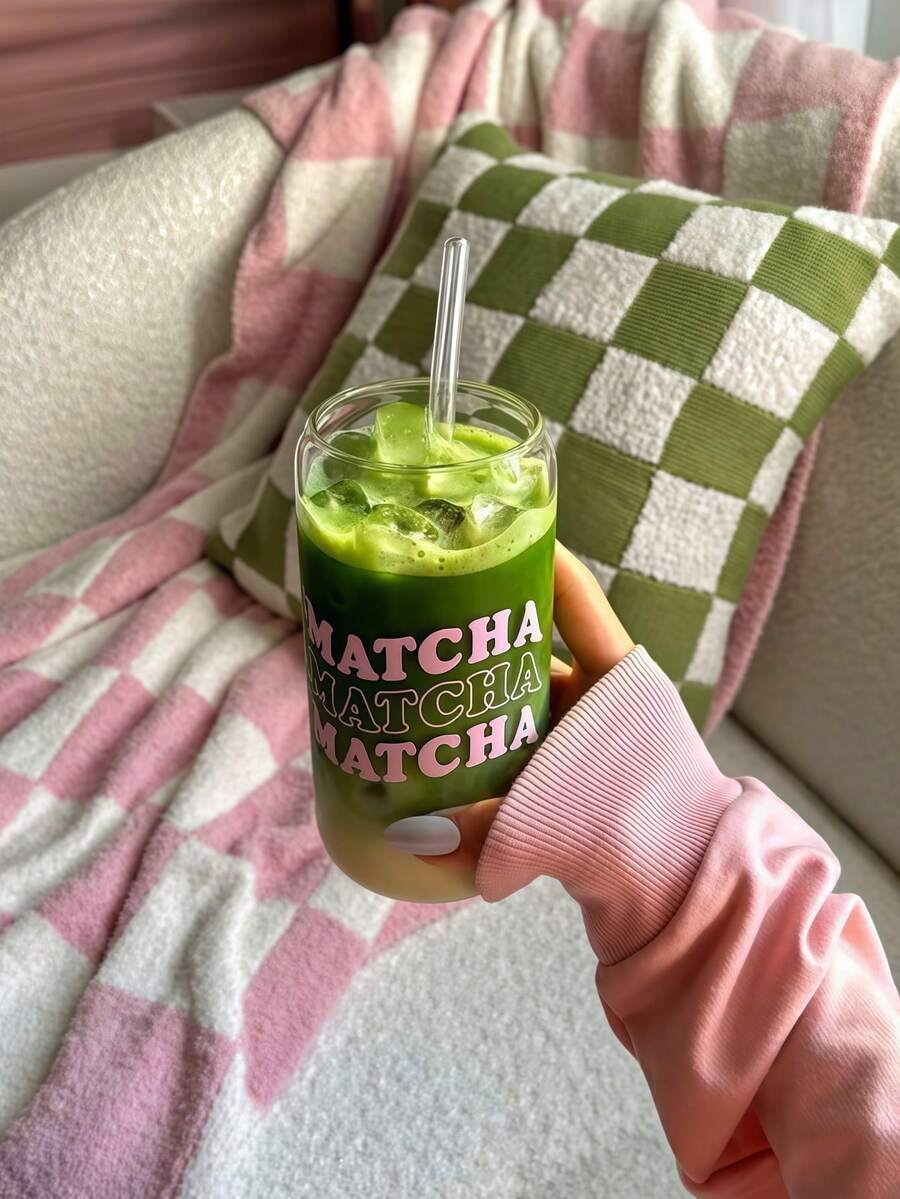 Tasse à paille en verre Matcha avec motif de vague rose, couvercle et paille. Matériau en verre. Tasse à paille de style Ins pour un usage quotidien, convient pour le café, le matcha, les jus, l'eau pétillante. Peut être utilisée comme vase, photophore. Cadeau idéal pour les filles. - Multicolore - Voir 1