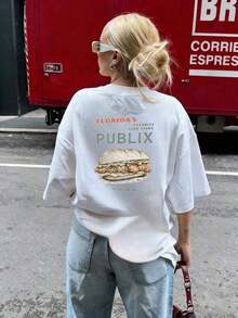Camiseta de mujer de manga corta, cuello redondo, de corte holgado, con estampado de eslogan, nueva para el verano. Prenda de vestir casual y de moda, adecuada para uso diario y vacaciones. Camiseta de mujer. Blanco,Playera Gráfica Oversized Mujer Verano Casual - Blanco - Ver 2
