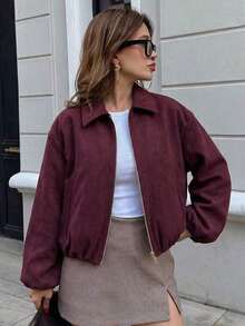 Chaqueta con bolsillo con cremallera de lunares rosas para mujer - Abrigo casual suelto con solapa para primavera/otoño - Burdeos - Ver 8