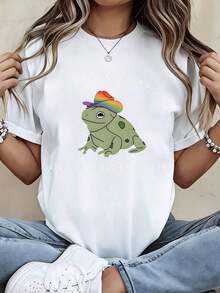 Lil Fruity Casual T-Shirt With Fruit Print, Women's Graphic Tee, Summer Casual Top, Short Sleeve, Round Neck, 100% Cotton, Durable - 白色 - 查看 2