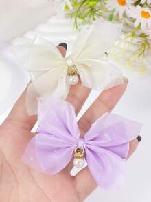 8pcs Candy Color Sweet Double-Layer Tulle Bow Hair Clips With Rhinestone & Pearl Pendant, Cute Girl Princess Hair Accessories For Daily Wear And Party - Multicolor - View 6