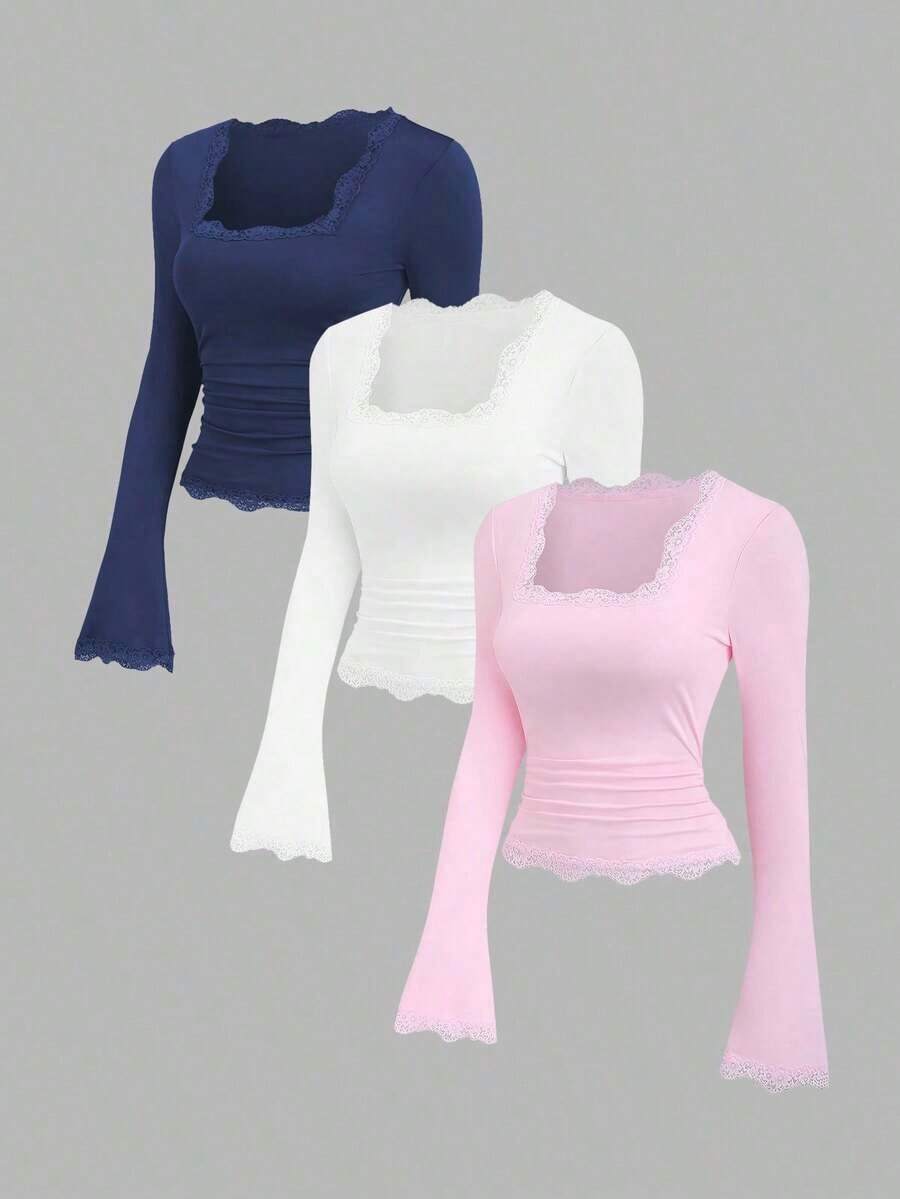 Conjunto de camiseta casual con cuello de encaje y mangas acampanadas estilo vintage francés para mujer, otoño - Multicolor - Ver 1