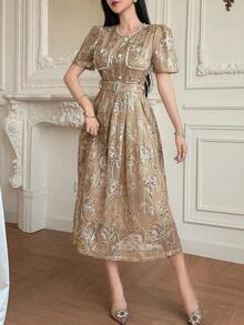 Vestido elegante de encaje de alta calidad con cintura ajustable, bordado, de estilo coreano suave y elegante - Albaricoque 2 - Ver 4