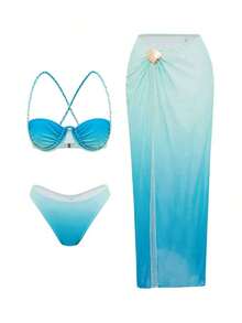 Swim  Conjunto de 3 piezas de traje de baño de mujer para vacaciones de verano, con falda de malla trenzada, estampado degradado y diseño informal - Multicolor - Ver 7