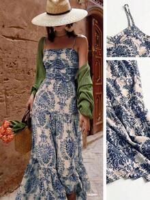 Vestido de verano elegante casual con estampado de plantas, tirantes con volantes para mujer de EARO - Azul - Ver 9