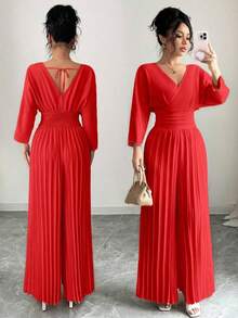 Mono elegante de pierna ancha con escote cruzado en V, mangas tipo murciélago y pliegues, en color liso para mujer - Rojo - Ver 8