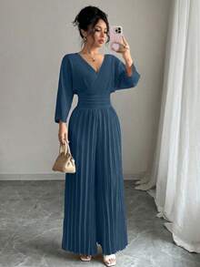 Mono elegante de pierna ancha con escote cruzado en V, mangas tipo murciélago y pliegues, en color liso para mujer - Niebla azul - Ver 6