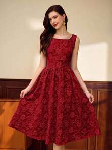 Vestido elegante sin mangas de cuello cuadrado con bolsillo de unicolor vintage para mujer, atuendo de verano, vestido de invitada de boda, vestido de regreso a la escuela, vestido de cumpleaños elegante para mujer, atuendo de cumpleaños elegante para mujer, atuendo de vacaciones para mujer, vestido elegante para mujer en otoño, ropa de mujer para vacaciones, vestido de iglesia para mujer, atuendo de iglesia para mujer, atuendo de festival para mujer, estilo de dinero antiguo, atuendo de brunch para mujer - Rojo - Ver 3
