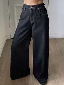 Pantalones vaqueros de mujer sueltos y casuales desgastados para el verano - Azul marino - Ver 3