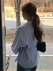Camisa ajustada con cuello a rayas para mujer, de estilo casual de negocios, color azul, manga larga para primavera/verano/otoño - Azul - Ver 5