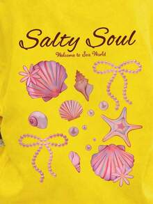 Women's Plus Size Pink "Salty Soul" Graphic Short Sleeve T-Shirt, Casual Stretch Summer Vacation Top - 黃色 - 查看 4